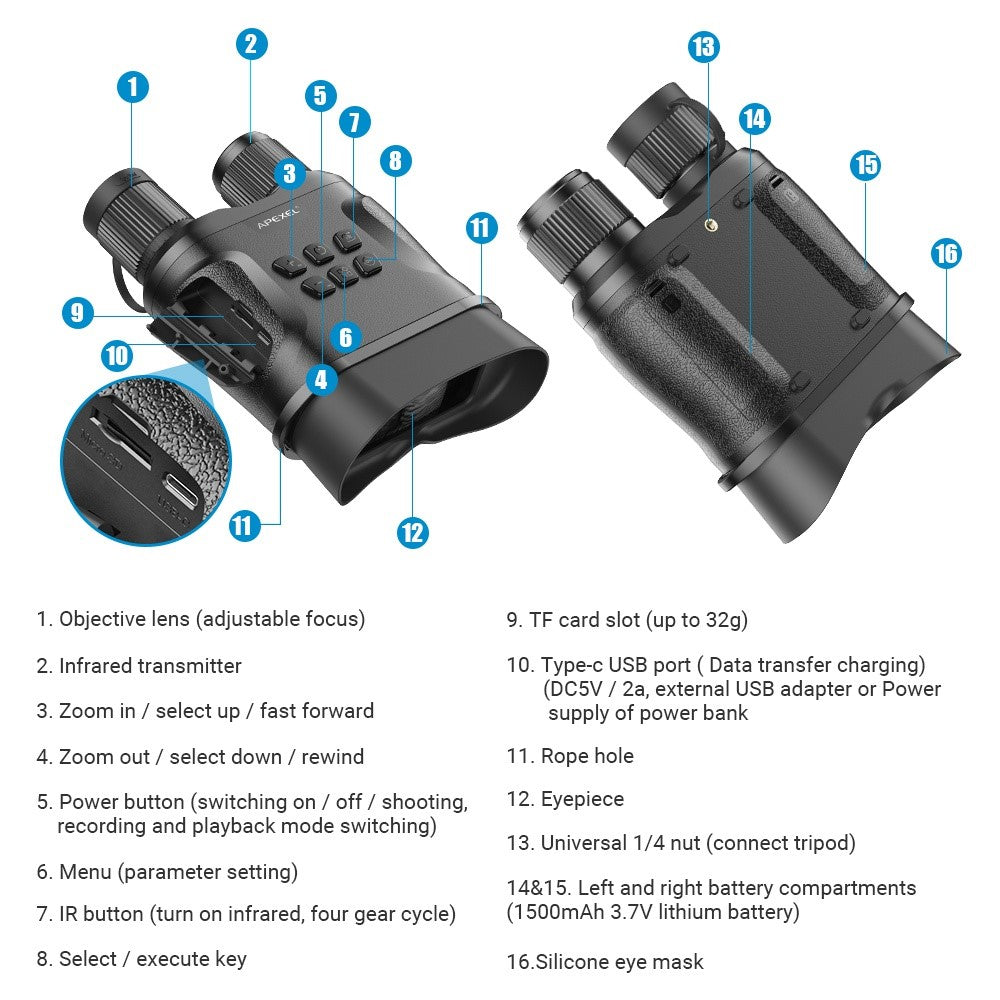 APEXEL APL-NV008 Infrarot-Nachtsichtfernglas – 12-facher digitaler Zoom, Nachtsicht mit 5 einstellbaren IR-Stufen