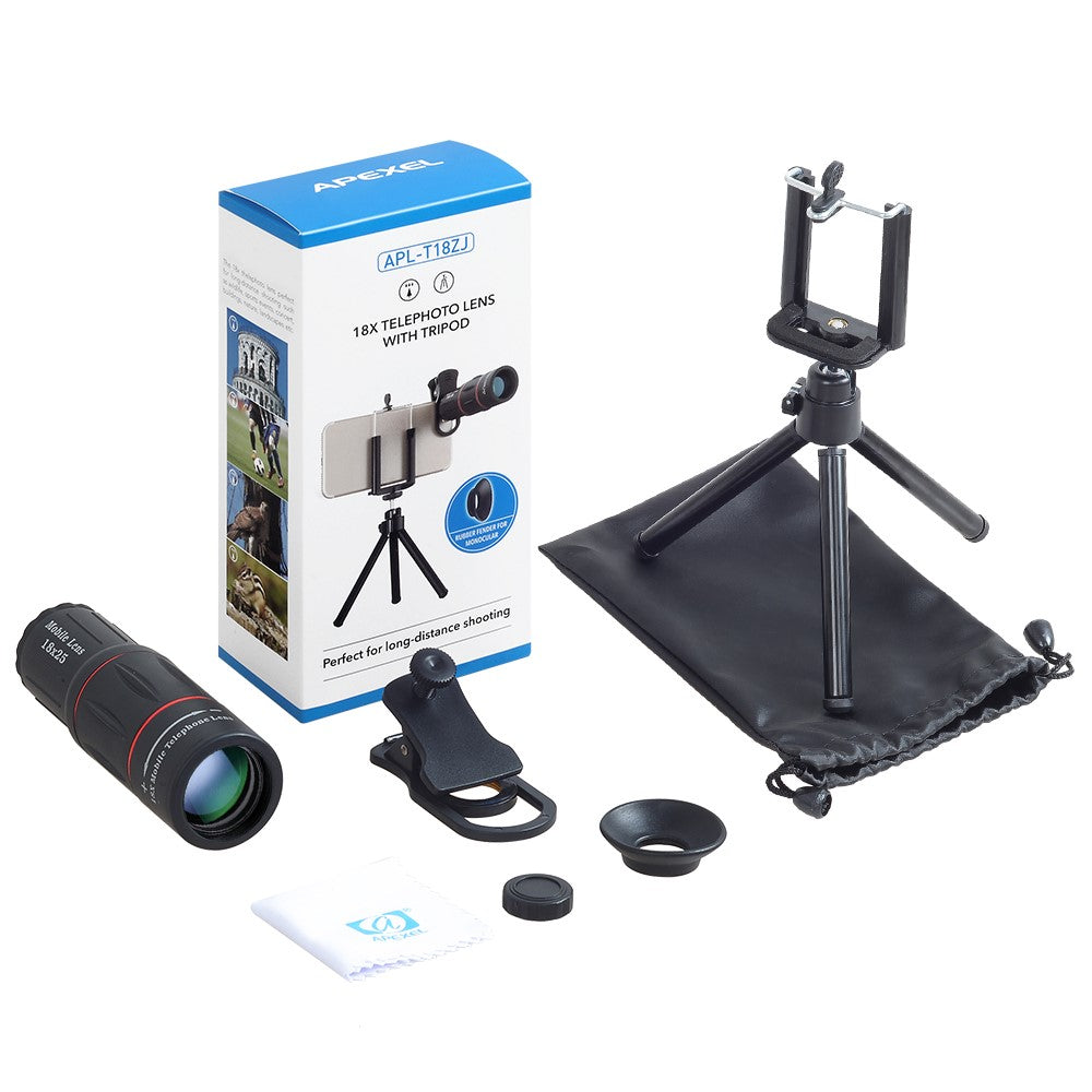 APEXEL APL-T18XZJ Universal-18-fach-Zoomobjektiv – Mit Mini-Tischstativ & Handyhalterung