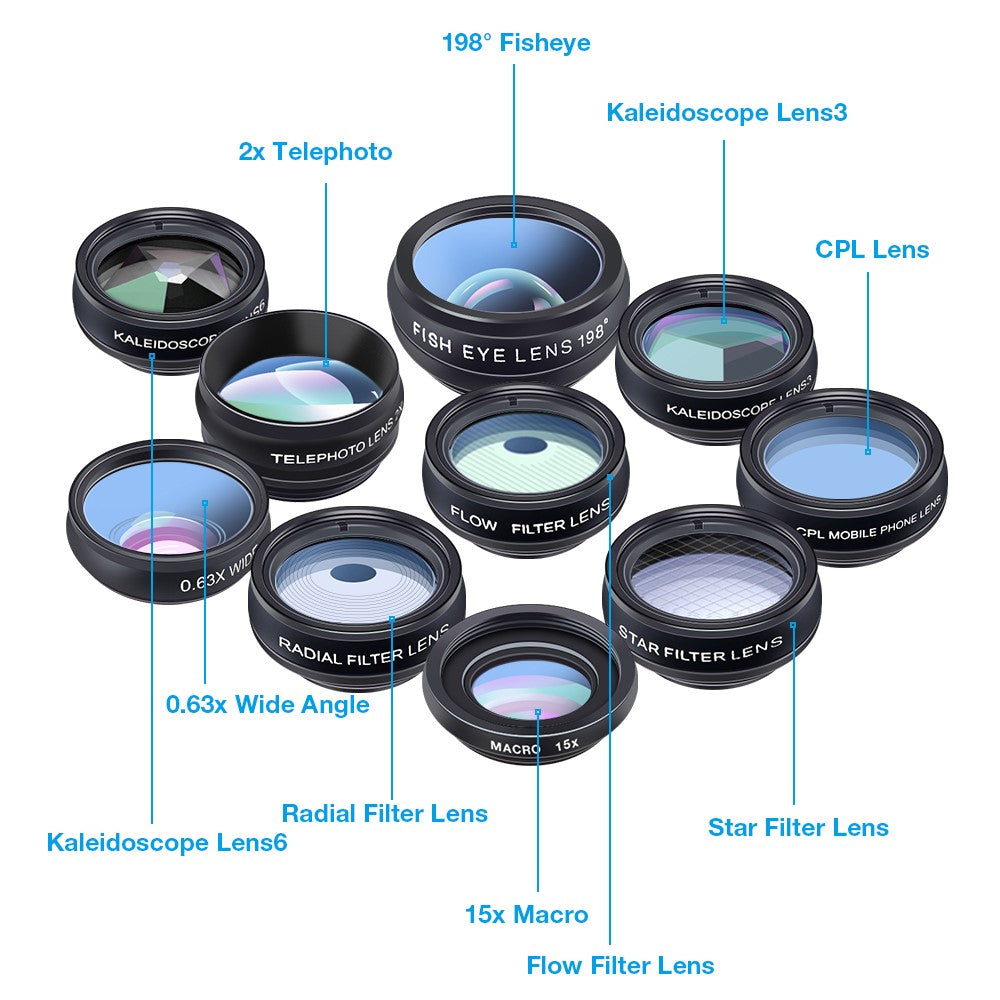 APEXEL APL-DG10 10-in-1 Handy-Kameraobjektiv-Kit – Fisheye, Weitwinkel, Makro-Teleskopobjektiv