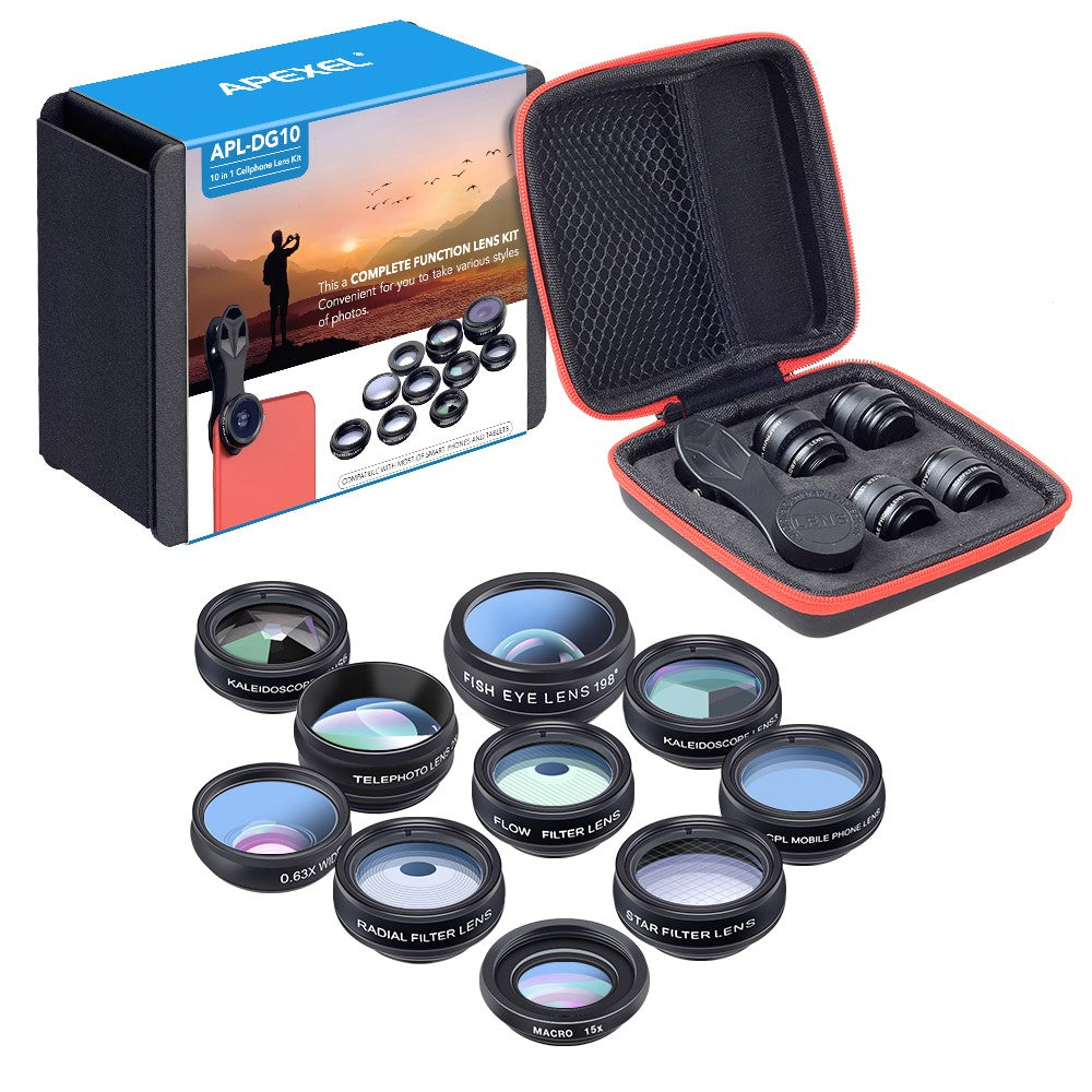 APEXEL APL-DG10 10-in-1 Handy-Kameraobjektiv-Kit – Fisheye, Weitwinkel, Makro-Teleskopobjektiv