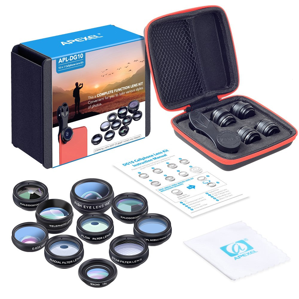 APEXEL APL-DG10 10-in-1 Handy-Kameraobjektiv-Kit – Fisheye, Weitwinkel, Makro-Teleskopobjektiv