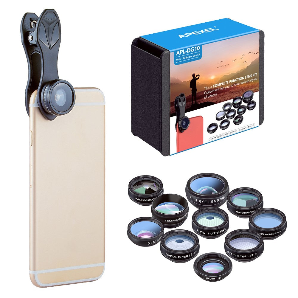 APEXEL APL-DG10 10-in-1 Handy-Kameraobjektiv-Kit – Fisheye, Weitwinkel, Makro-Teleskopobjektiv