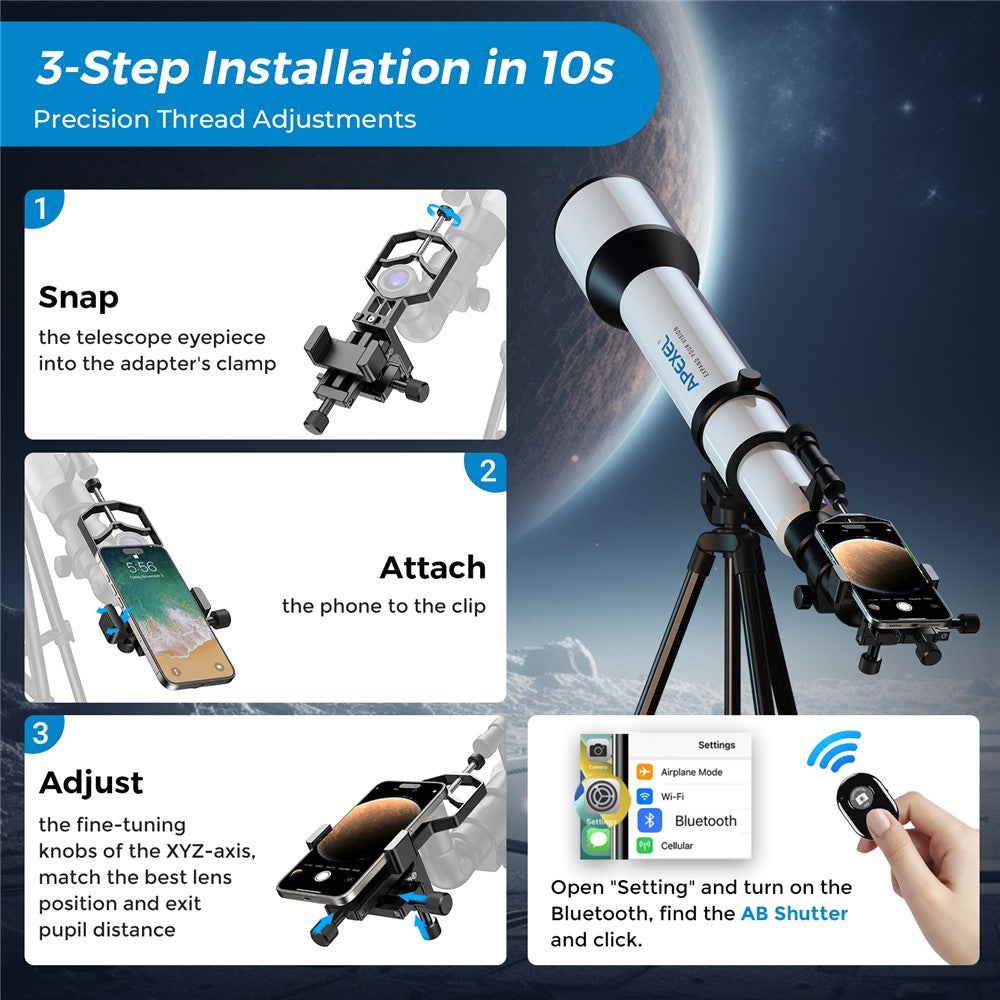 APEXEL APL-F003 Digiscoping-Adapter – Für Smartphone-Teleskop, 3-Achsen-Metallhalterung, Okularanschluss