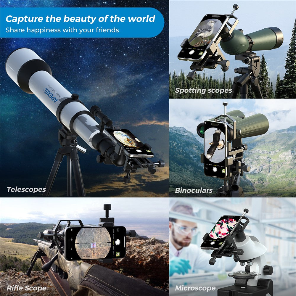 APEXEL APL-F003 Digiscoping-Adapter – Für Smartphone-Teleskop, 3-Achsen-Metallhalterung, Okularanschluss