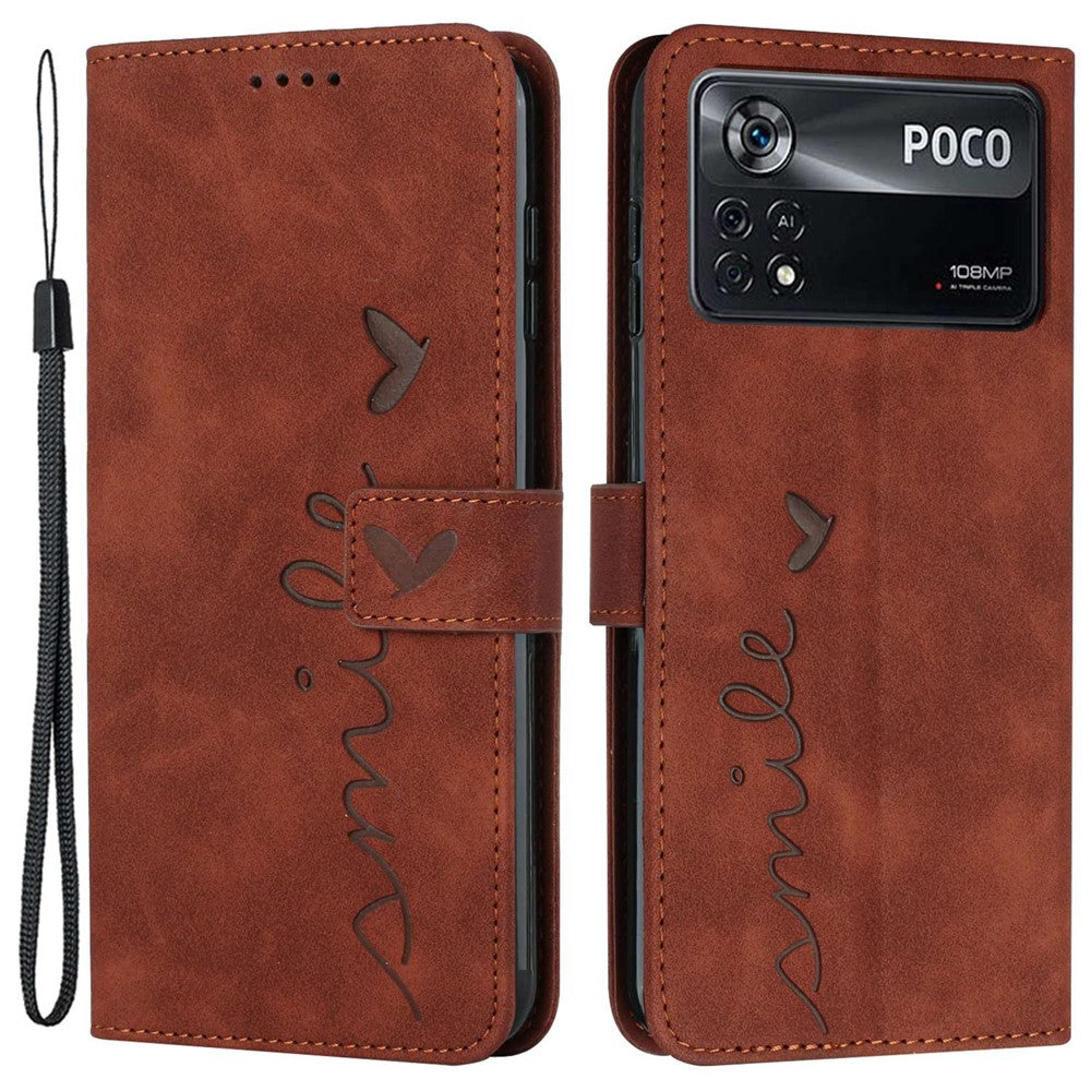 For Xiaomi Poco X4 Pro 5G Heart Shape Imprinted Anti-fingerprint Case Skin-touch Feeling PU Leather Wallet Stand Function Phone Shell with Strap