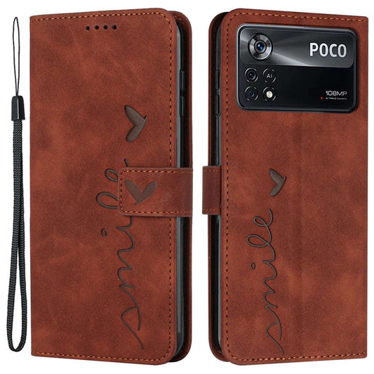 Xiaomi Poco X4 Pro 5G Handyhülle – mit Herzform-Aufdruck, Anti-Fingerabdrücke, hautsympathisches PU-Leder, Brieftasche, Standfunktion, mit Riemen