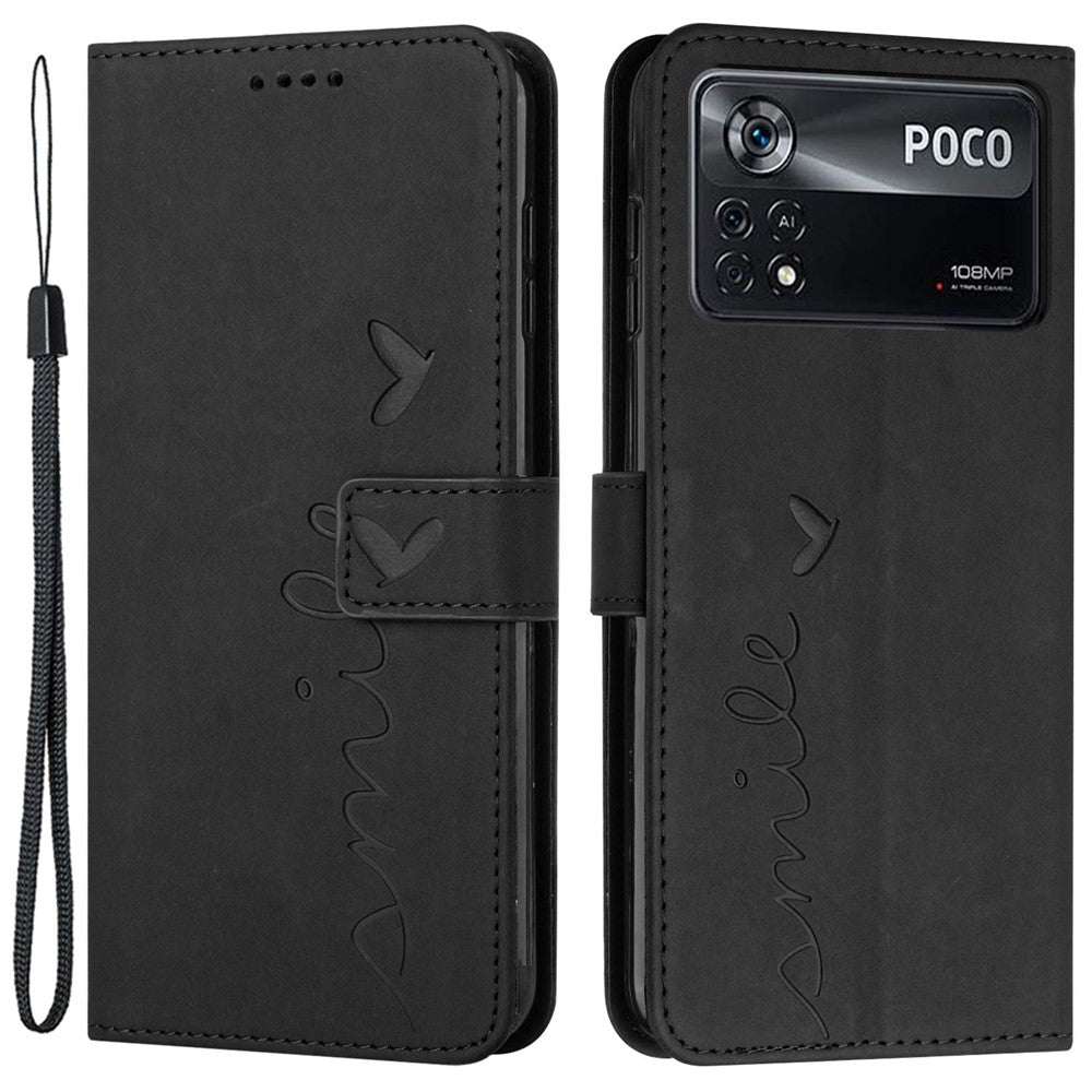 For Xiaomi Poco X4 Pro 5G Heart Shape Imprinted Anti-fingerprint Case Skin-touch Feeling PU Leather Wallet Stand Function Phone Shell with Strap
