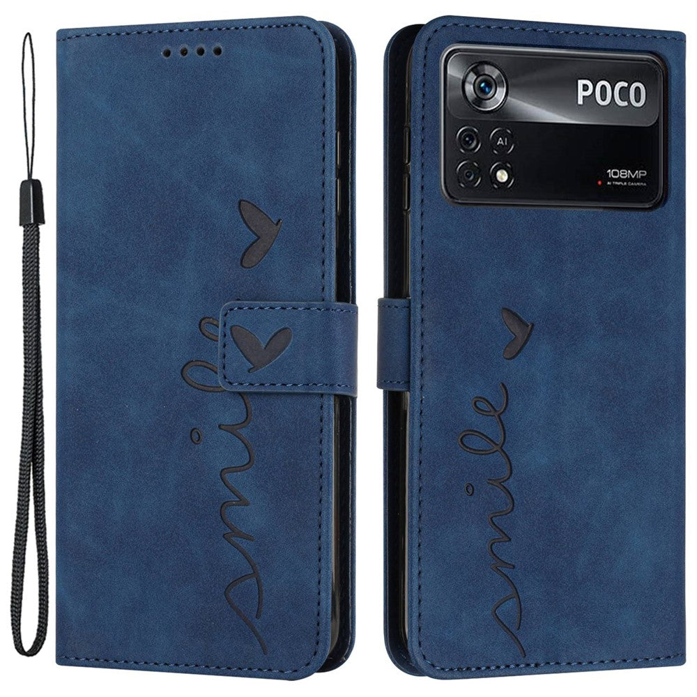 For Xiaomi Poco X4 Pro 5G Heart Shape Imprinted Anti-fingerprint Case Skin-touch Feeling PU Leather Wallet Stand Function Phone Shell with Strap