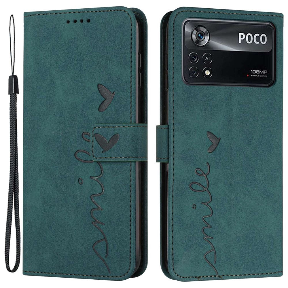 For Xiaomi Poco X4 Pro 5G Heart Shape Imprinted Anti-fingerprint Case Skin-touch Feeling PU Leather Wallet Stand Function Phone Shell with Strap