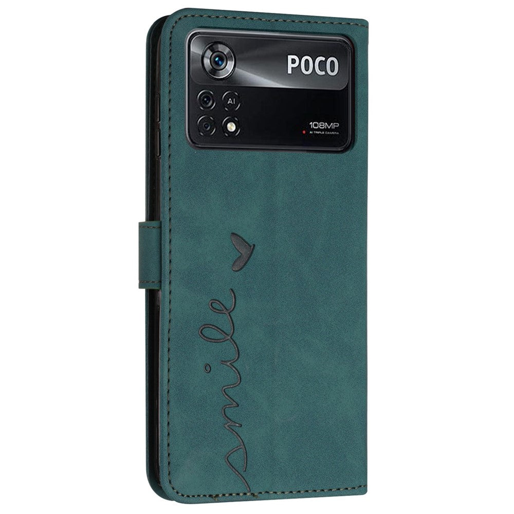 For Xiaomi Poco X4 Pro 5G Heart Shape Imprinted Anti-fingerprint Case Skin-touch Feeling PU Leather Wallet Stand Function Phone Shell with Strap