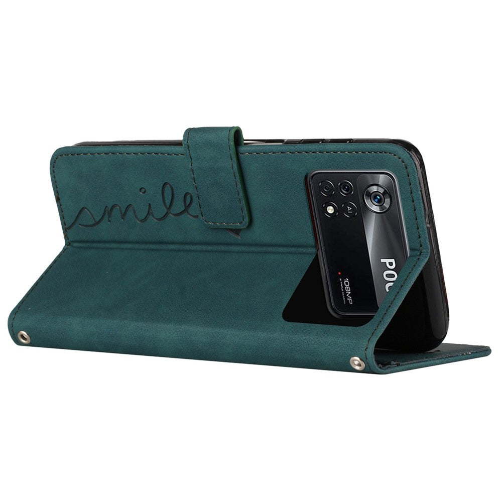 For Xiaomi Poco X4 Pro 5G Heart Shape Imprinted Anti-fingerprint Case Skin-touch Feeling PU Leather Wallet Stand Function Phone Shell with Strap