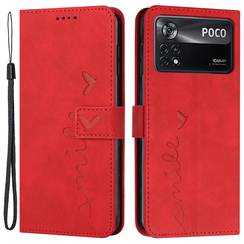 For Xiaomi Poco X4 Pro 5G Heart Shape Imprinted Anti-fingerprint Case Skin-touch Feeling PU Leather Wallet Stand Function Phone Shell with Strap
