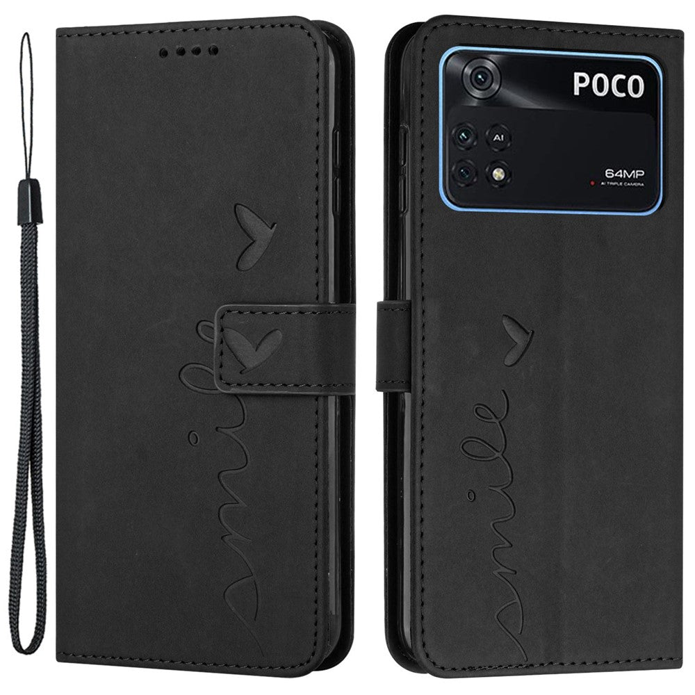 For Xiaomi Poco M4 Pro 4G Heart Shape Imprinted Anti-drop Handy Strap Design Case Skin-touch Feeling PU Leather Wallet Magnetic Phone Shell with Stand