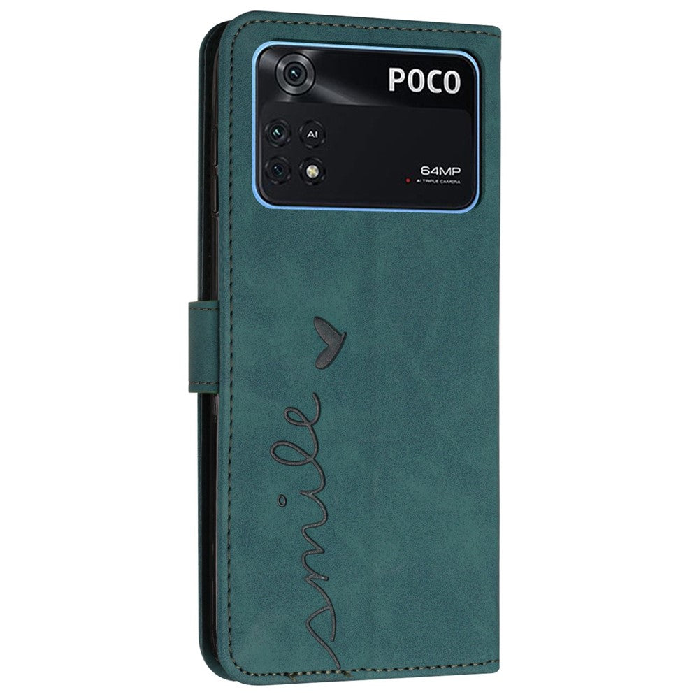 For Xiaomi Poco M4 Pro 4G Heart Shape Imprinted Anti-drop Handy Strap Design Case Skin-touch Feeling PU Leather Wallet Magnetic Phone Shell with Stand