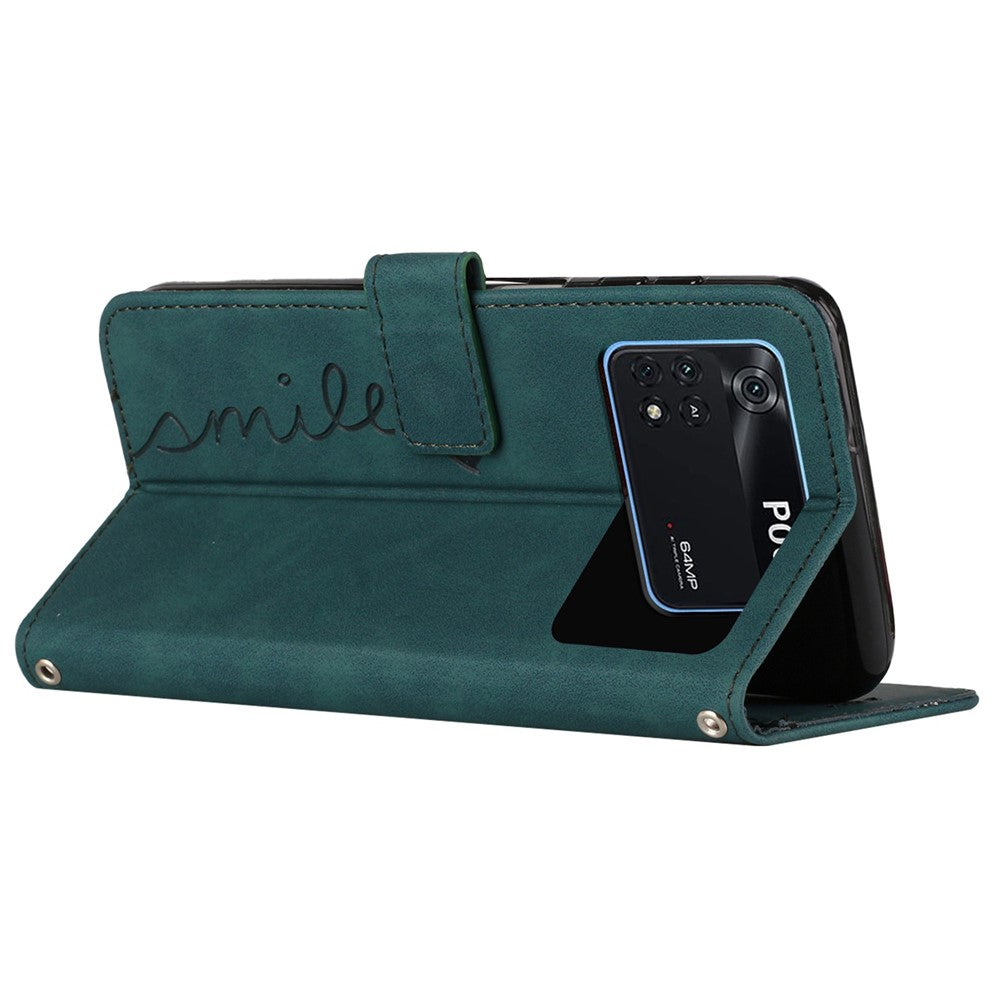 For Xiaomi Poco M4 Pro 4G Heart Shape Imprinted Anti-drop Handy Strap Design Case Skin-touch Feeling PU Leather Wallet Magnetic Phone Shell with Stand