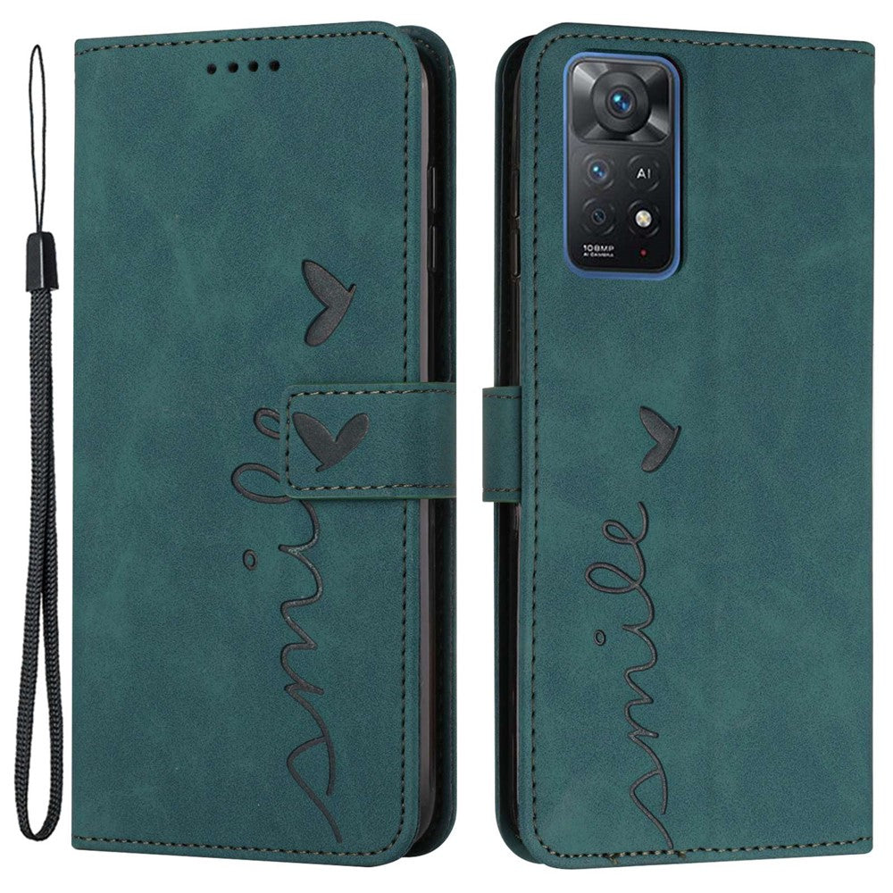 For Xiaomi Redmi Note 11 Pro 5G (Qualcomm)/Note 11 Pro 4G (MediaTek) Skin-touch Feeling Heart Shape Imprinted Phone Case PU Leather Wallet Stand with Strap