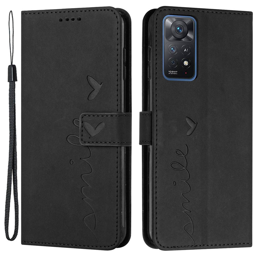 For Xiaomi Redmi Note 11 Pro 5G (Qualcomm)/Note 11 Pro 4G (MediaTek) Skin-touch Feeling Heart Shape Imprinted Phone Case PU Leather Wallet Stand with Strap