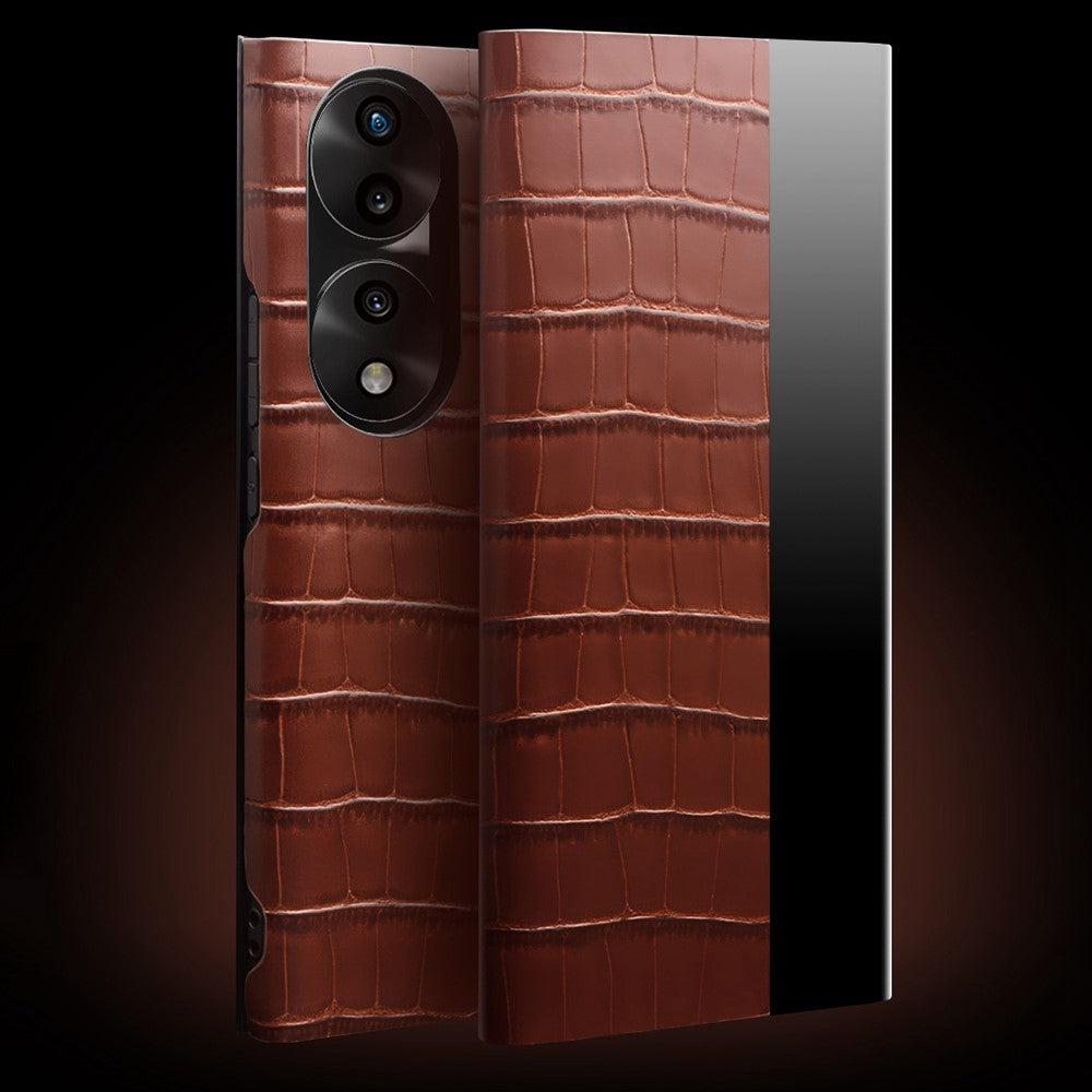 QIALINO For Honor 70 5G Well-protected Phone Cover, View Window Crocodile Texture Genuine Leather Folio Flip Auto Wake/Sleep Case