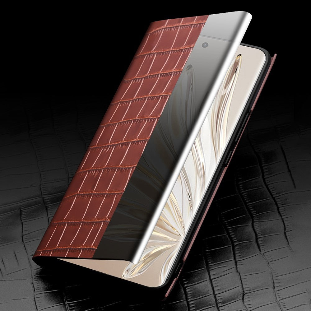 QIALINO For Honor 70 5G Well-protected Phone Cover, View Window Crocodile Texture Genuine Leather Folio Flip Auto Wake/Sleep Case
