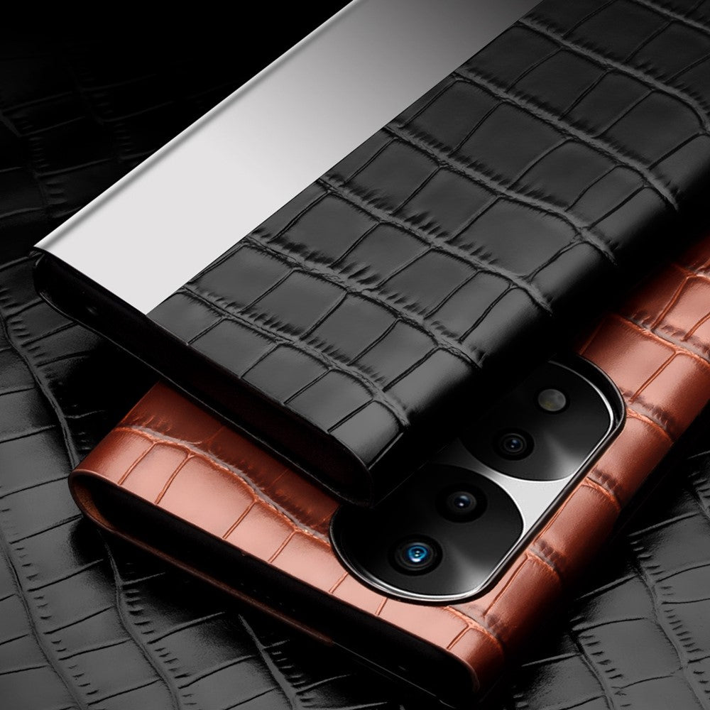 QIALINO For Honor 70 5G Well-protected Phone Cover, View Window Crocodile Texture Genuine Leather Folio Flip Auto Wake/Sleep Case