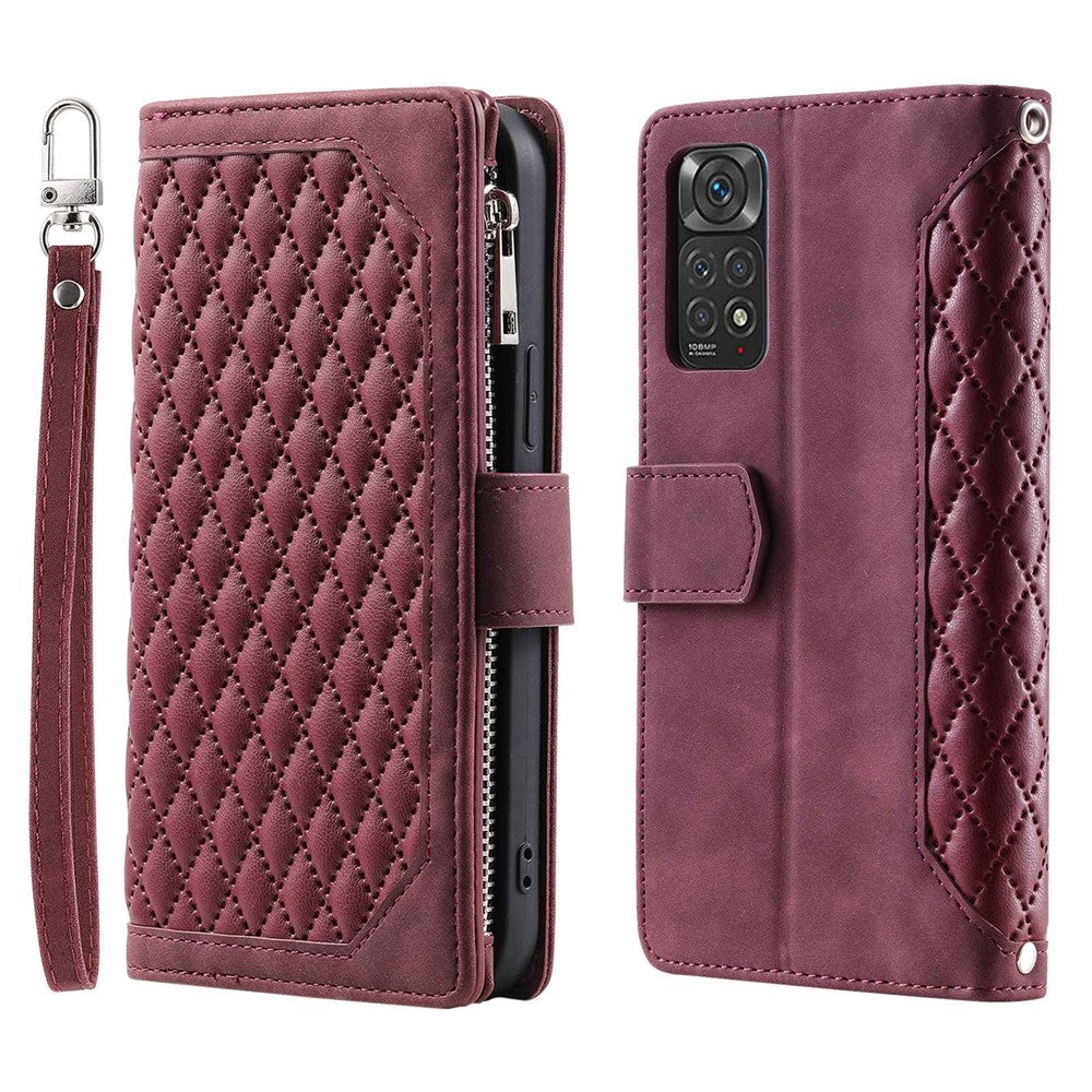 005 Style Smartphone Cover for Xiaomi Redmi Note 11 4G (Qualcomm) / Note 11S 4G, Rhombus Texture PU Leather Zipper Pocket Stand Wallet Case with Strap