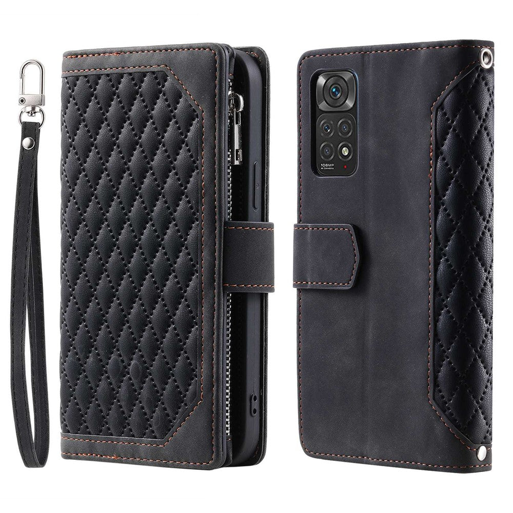 005 Style PU Leather Phone Cover for Xiaomi Redmi Note 12 Pro 4G / Note 11 Pro 4G (Mediatek) / 11 Pro 5G (Qualcomm), Rhombus Texture Zipper Pocket Shell Stand Wallet Case with Strap