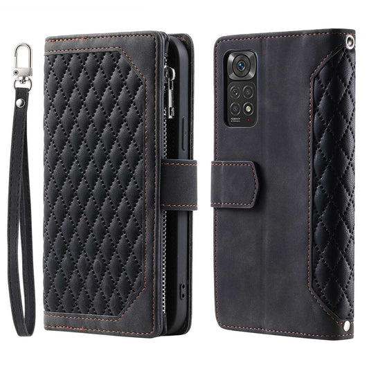 005 Style PU Leather Phone Cover for Xiaomi Redmi Note 12 Pro 4G / Note 11 Pro 4G (Mediatek) / 11 Pro 5G (Qualcomm), Rhombus Texture Zipper Pocket Shell Stand Wallet Case with Strap