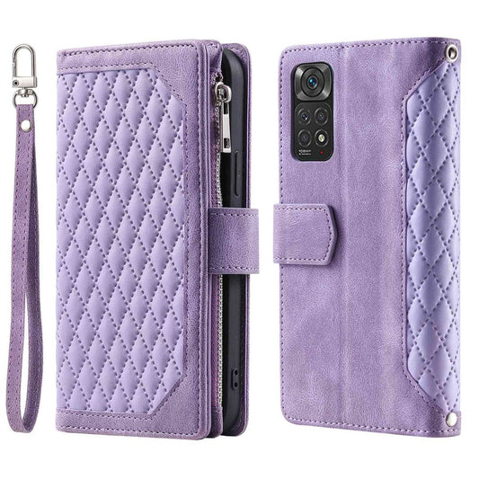 005 Style PU Leather Phone Cover for Xiaomi Redmi Note 12 Pro 4G / Note 11 Pro 4G (Mediatek) / 11 Pro 5G (Qualcomm), Rhombus Texture Zipper Pocket Shell Stand Wallet Case with Strap