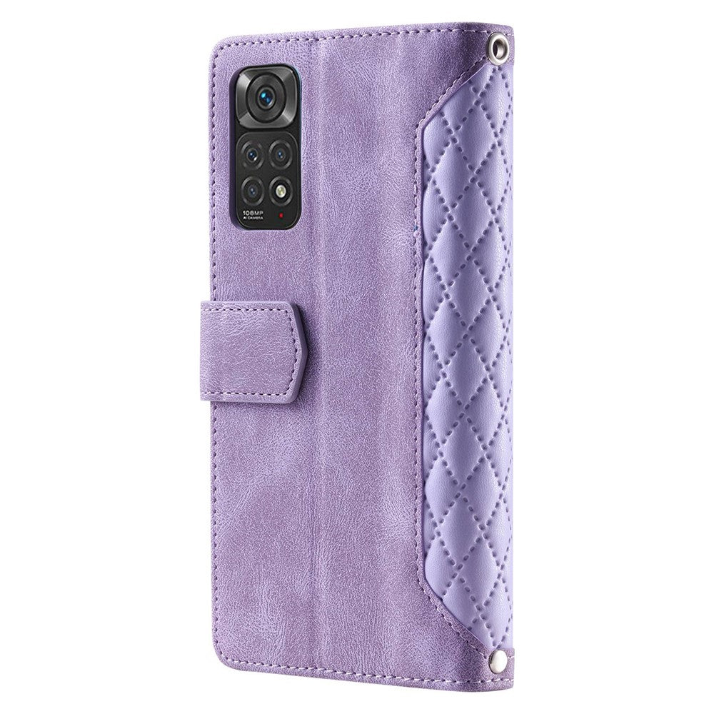 005 Style PU Leather Phone Cover for Xiaomi Redmi Note 12 Pro 4G / Note 11 Pro 4G (Mediatek) / 11 Pro 5G (Qualcomm), Rhombus Texture Zipper Pocket Shell Stand Wallet Case with Strap