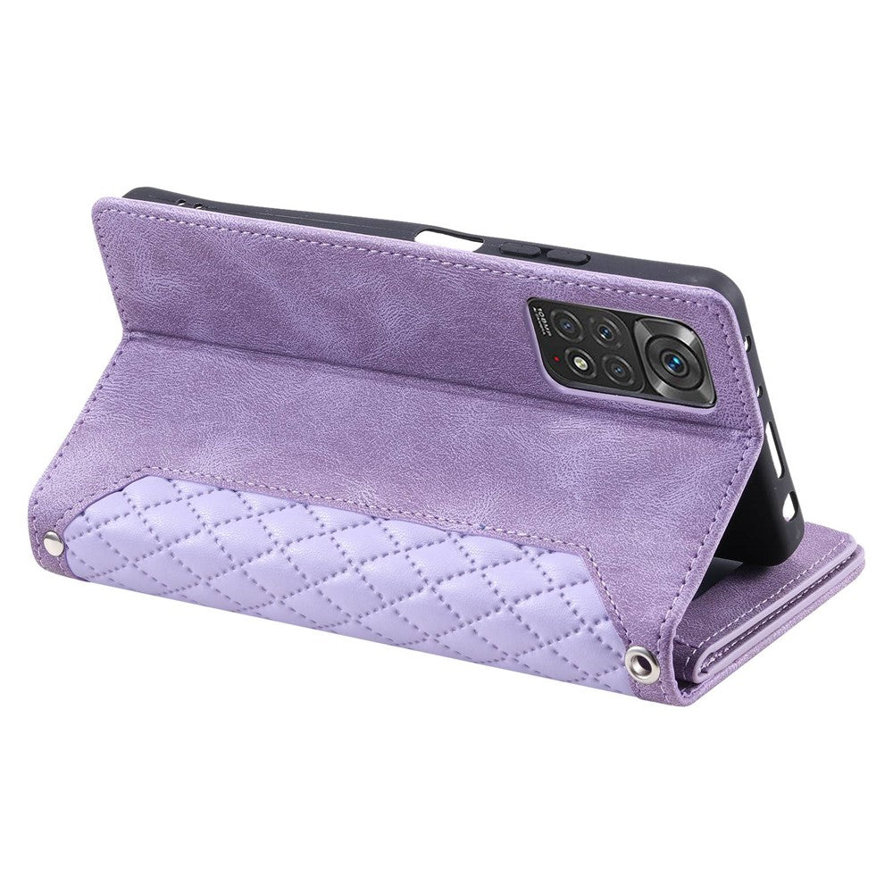 005 Style PU Leather Phone Cover for Xiaomi Redmi Note 12 Pro 4G / Note 11 Pro 4G (Mediatek) / 11 Pro 5G (Qualcomm), Rhombus Texture Zipper Pocket Shell Stand Wallet Case with Strap