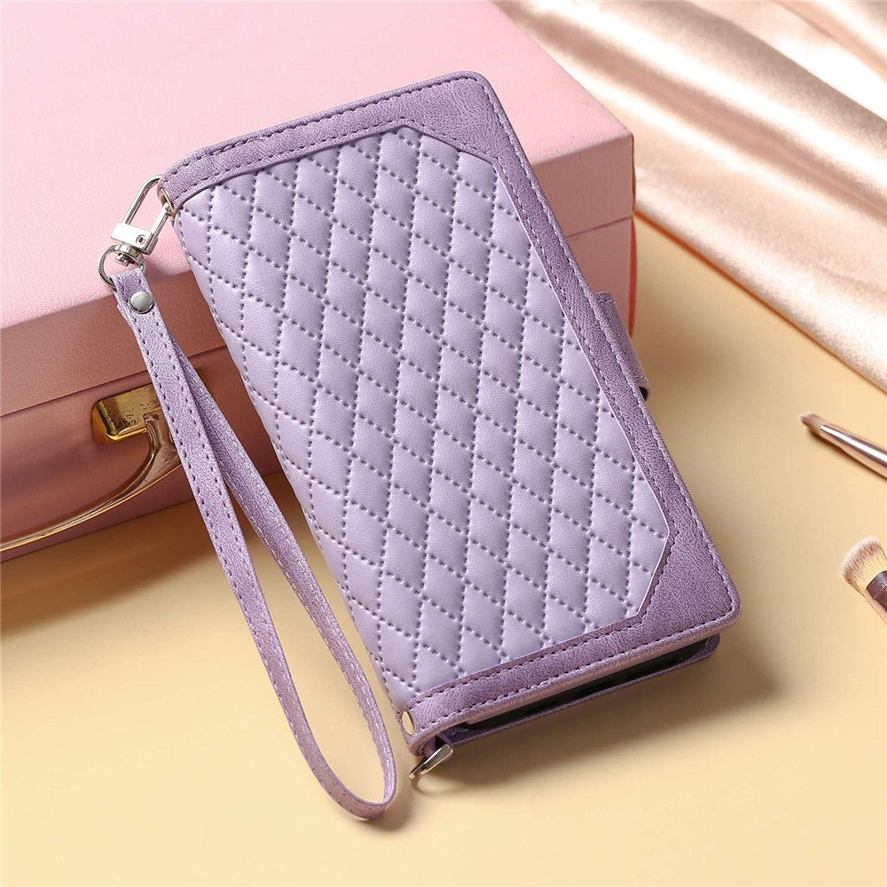 005 Style PU Leather Phone Cover for Xiaomi Redmi Note 12 Pro 4G / Note 11 Pro 4G (Mediatek) / 11 Pro 5G (Qualcomm), Rhombus Texture Zipper Pocket Shell Stand Wallet Case with Strap