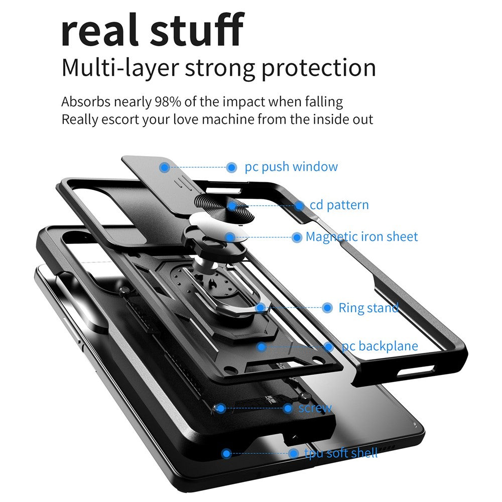 For Samsung Galaxy Z Fold4 5G Anti-drop Phone Case Kickstand PC + TPU Hybrid Cover with Slide Camera Protection