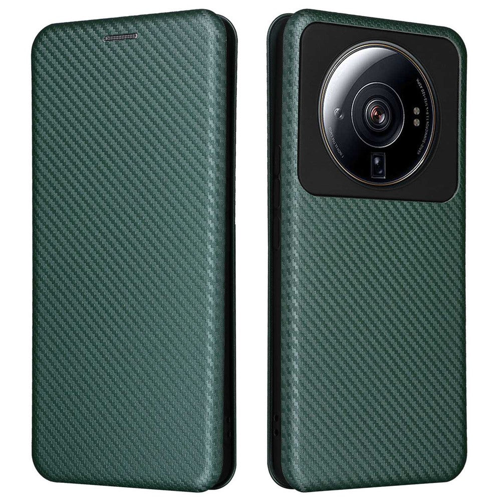 For Xiaomi 12S Ultra 5G Magnetic Carbon Fiber Texture Phone Case Stand Anti-scratch PU Leather Cover with Card Slot