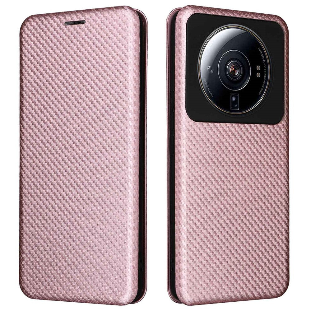 For Xiaomi 12S Ultra 5G Magnetic Carbon Fiber Texture Phone Case Stand Anti-scratch PU Leather Cover with Card Slot