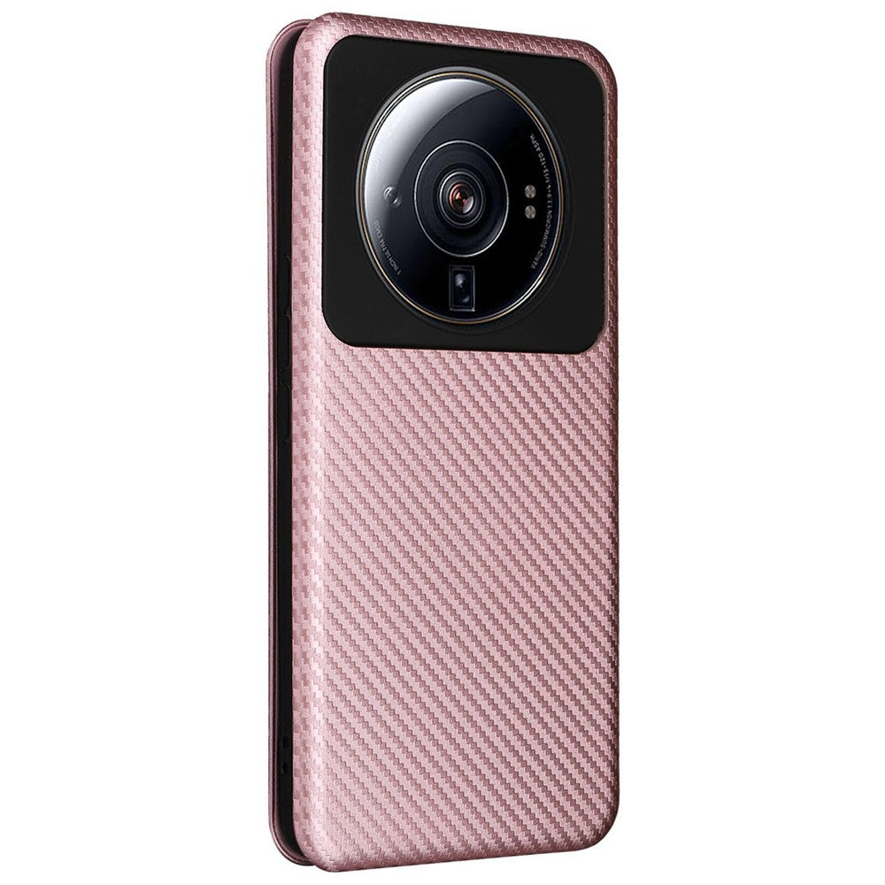 For Xiaomi 12S Ultra 5G Magnetic Carbon Fiber Texture Phone Case Stand Anti-scratch PU Leather Cover with Card Slot