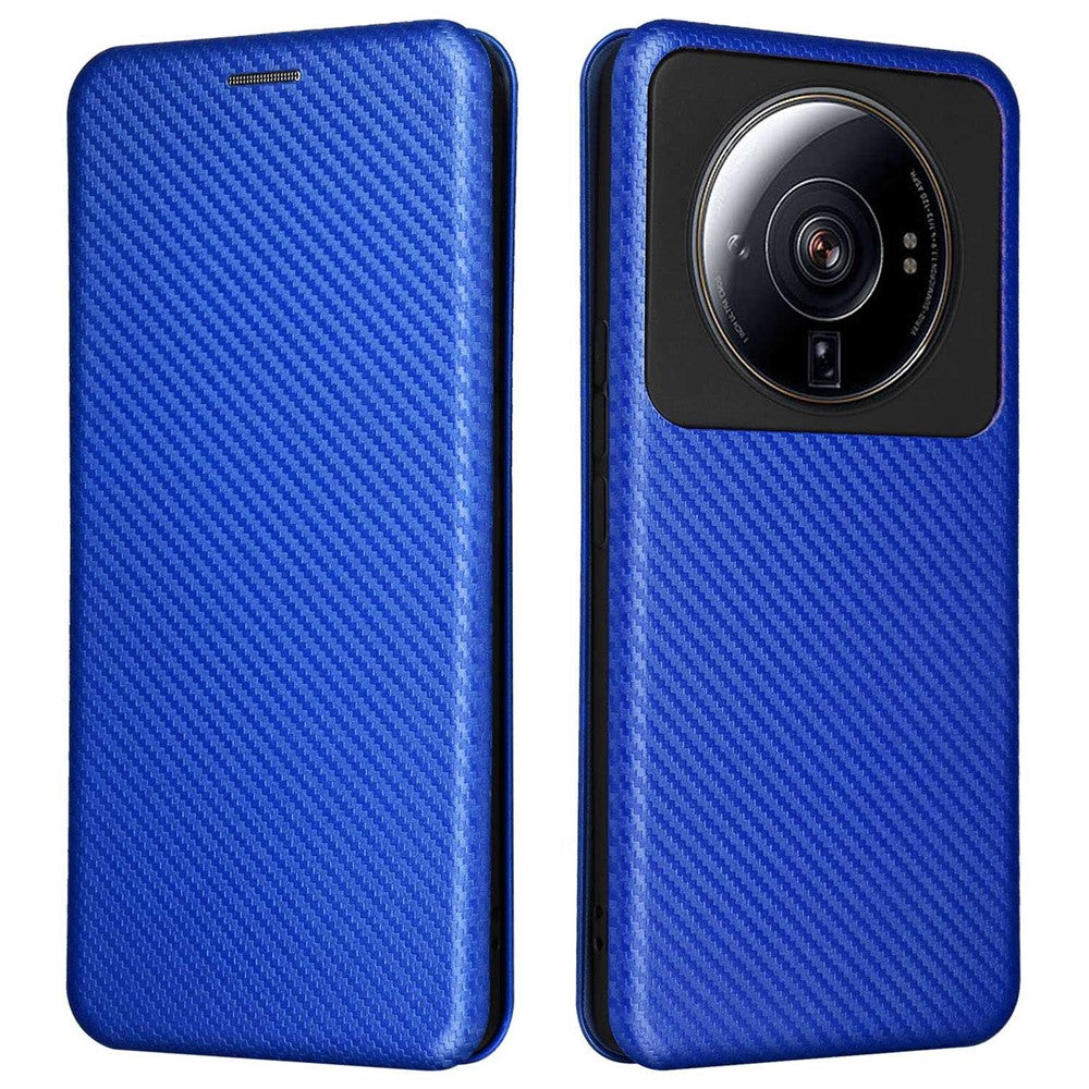 For Xiaomi 12S Ultra 5G Magnetic Carbon Fiber Texture Phone Case Stand Anti-scratch PU Leather Cover with Card Slot