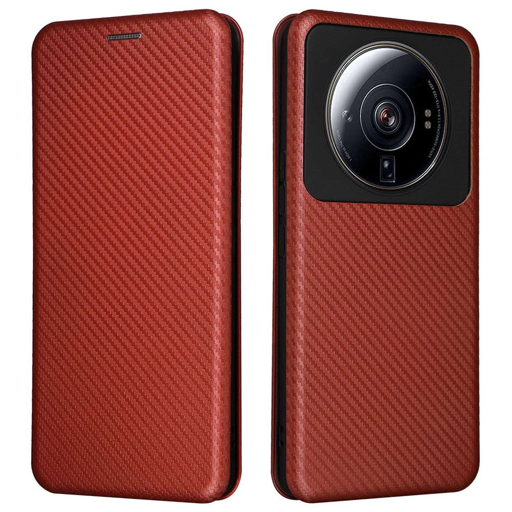 For Xiaomi 12S Ultra 5G Magnetic Carbon Fiber Texture Phone Case Stand Anti-scratch PU Leather Cover with Card Slot