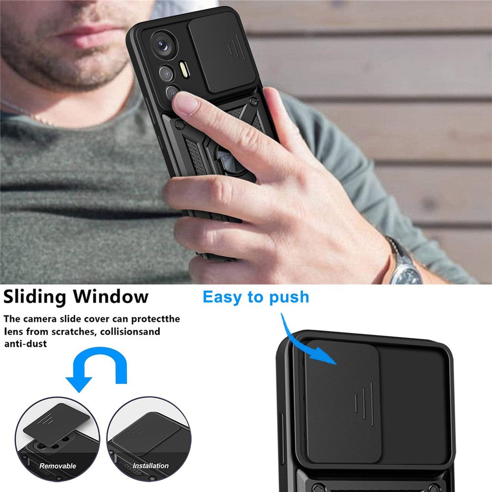 For Xiaomi 12 Lite 5G Slide Camera Protection Phone Case Kickstand PC + TPU Hybrid Mobile Phone Cover