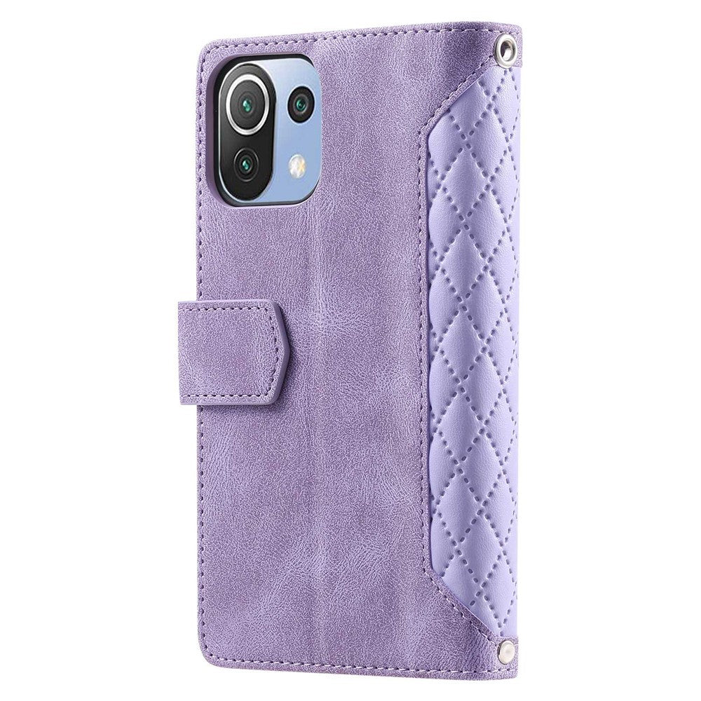 005 Style For Xiaomi Mi 11 Lite 4G / 5G / 5G NE, Rhombus Texture PU Leather Zipper Pocket Phone Case Shockproof Wallet Cover Viewing Stand with Strap