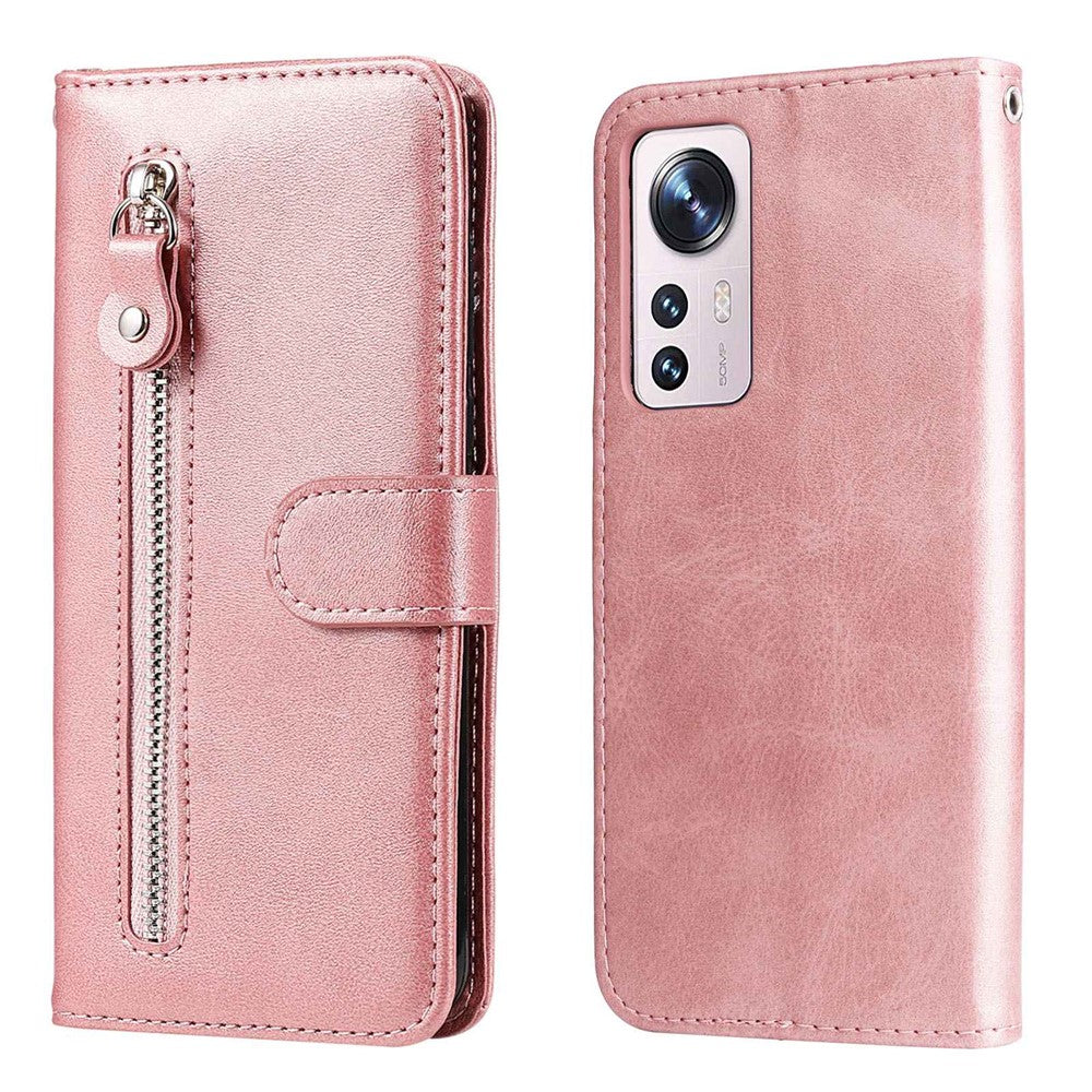 For Xiaomi 12 5G  /  12X 5G  /  12S 5G Calf Texture Slim Phone Case Zipper Pocket PU Leather Stand Wallet Phone Cover