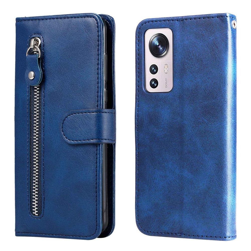 For Xiaomi 12 5G  /  12X 5G  /  12S 5G Calf Texture Slim Phone Case Zipper Pocket PU Leather Stand Wallet Phone Cover