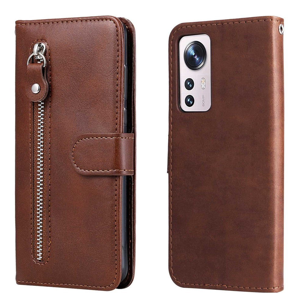 For Xiaomi 12 5G  /  12X 5G  /  12S 5G Calf Texture Slim Phone Case Zipper Pocket PU Leather Stand Wallet Phone Cover