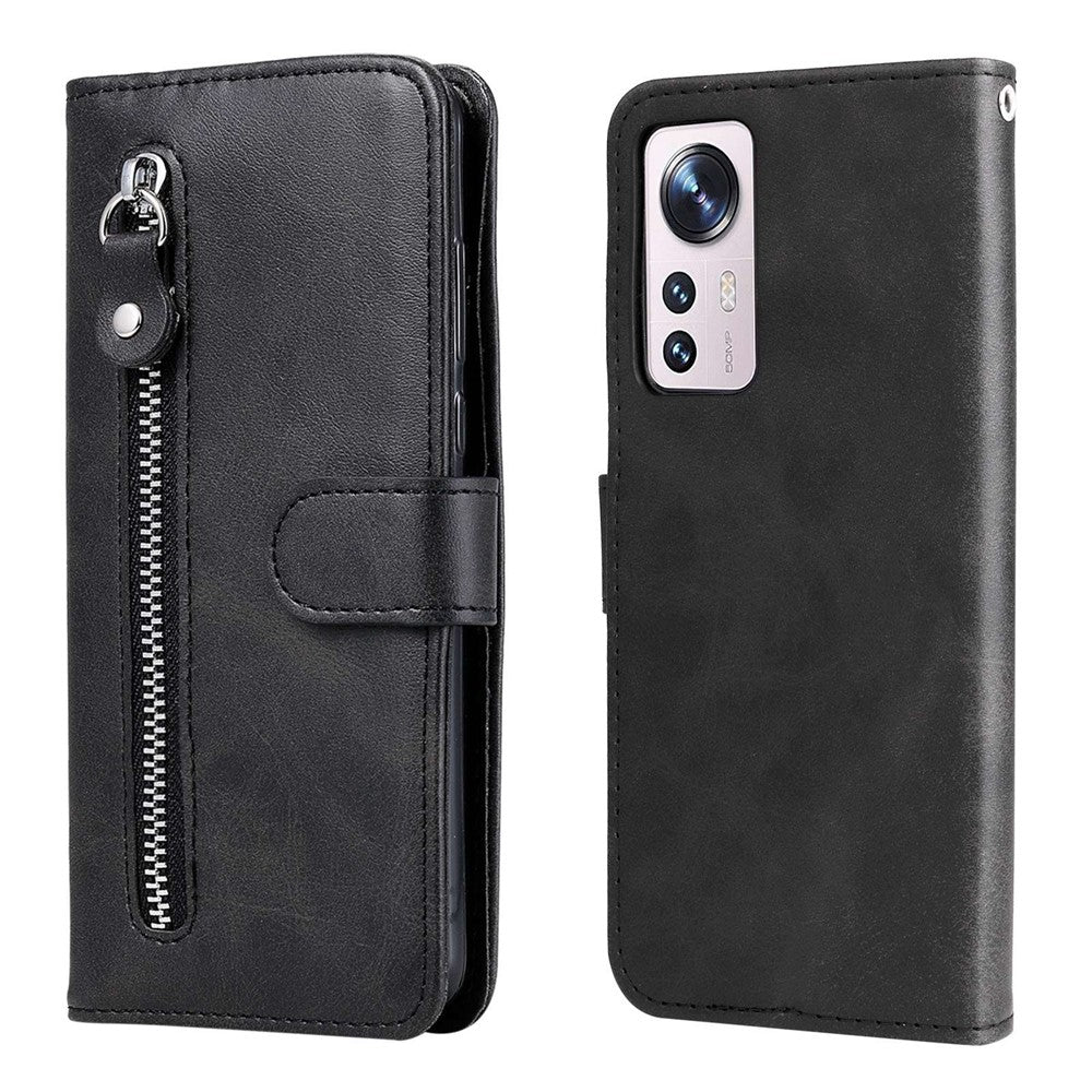For Xiaomi 12 5G  /  12X 5G  /  12S 5G Calf Texture Slim Phone Case Zipper Pocket PU Leather Stand Wallet Phone Cover