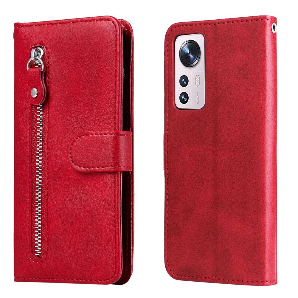 For Xiaomi 12 5G  /  12X 5G  /  12S 5G Calf Texture Slim Phone Case Zipper Pocket PU Leather Stand Wallet Phone Cover