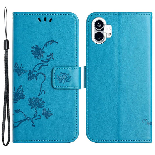 For Nothing phone (1) 5G Anti-scratch PU Leather Stand Wallet Phone Cover Butterfly Flower Imprinted Phone Case with Strap