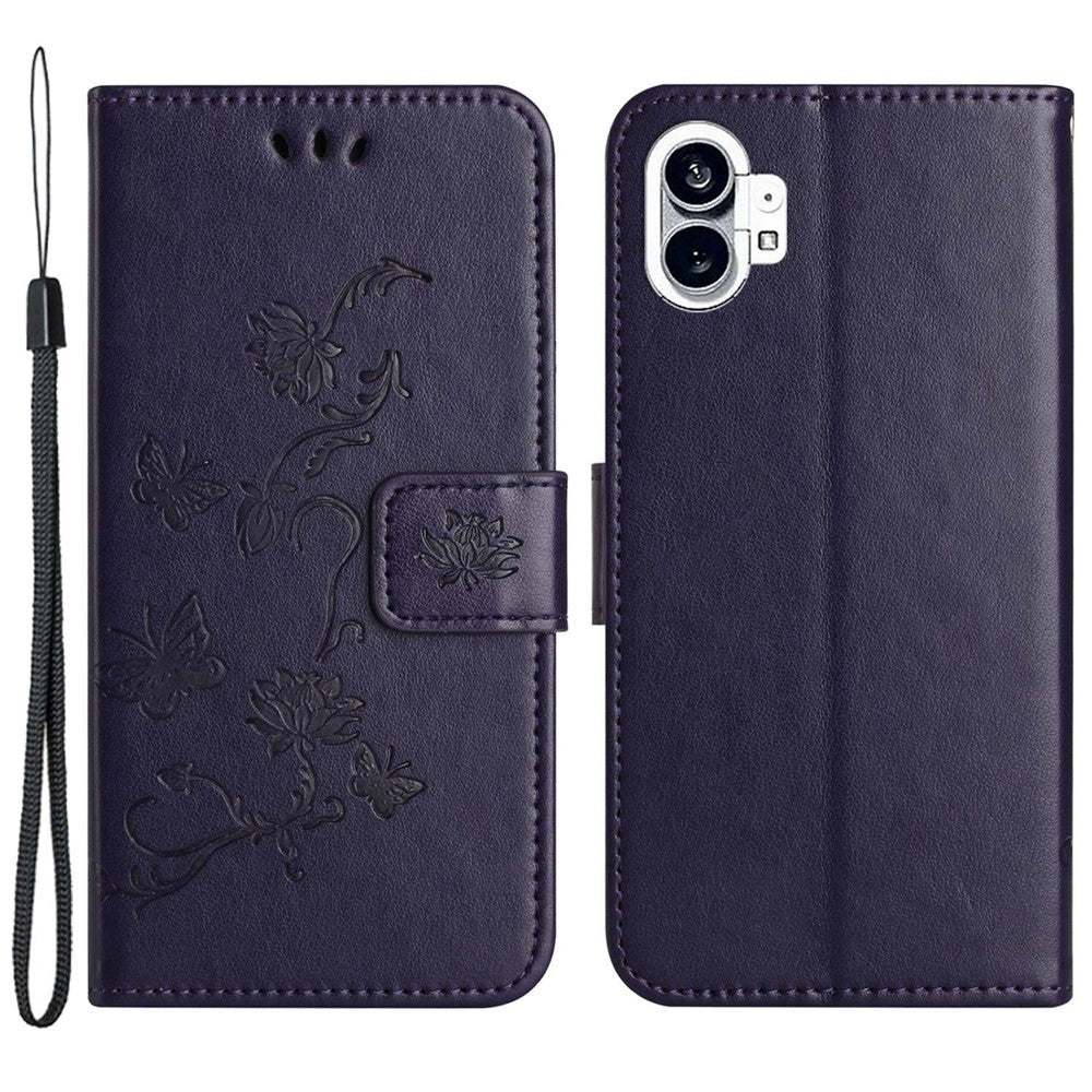 For Nothing phone (1) 5G Anti-scratch PU Leather Stand Wallet Phone Cover Butterfly Flower Imprinted Phone Case with Strap