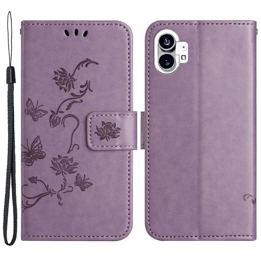 For Nothing phone (1) 5G Anti-scratch PU Leather Stand Wallet Phone Cover Butterfly Flower Imprinted Phone Case with Strap
