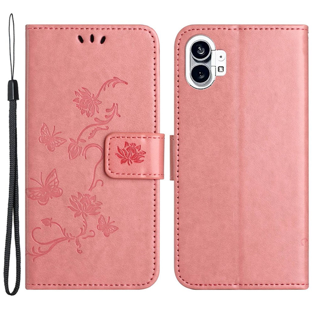 For Nothing phone (1) 5G Anti-scratch PU Leather Stand Wallet Phone Cover Butterfly Flower Imprinted Phone Case with Strap