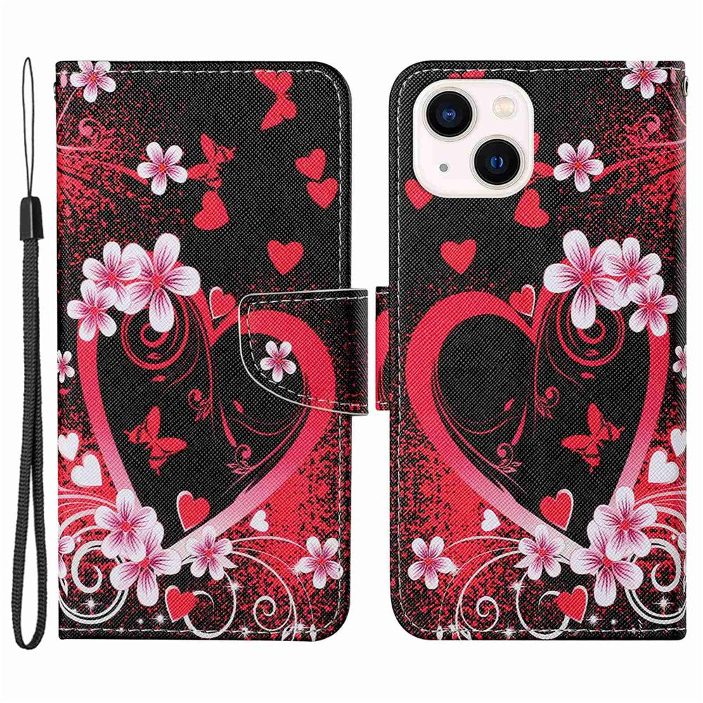 iPhone 14 Wallet-Hülle – Musterdruck, mit Ständer & Riemen