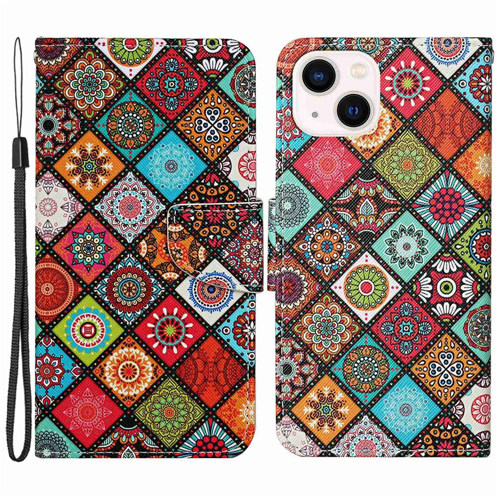 iPhone 14 Wallet-Hülle – Musterdruck, mit Ständer & Riemen
